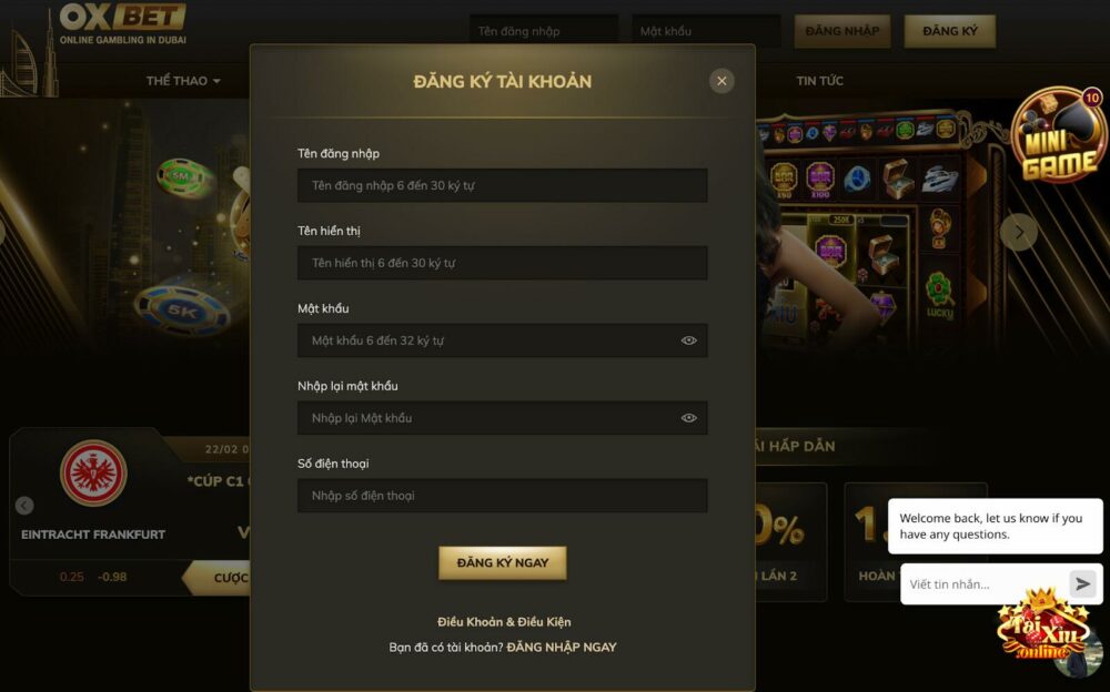 Form đăng ký tài khoản thành viện tại nhà cái Oxbet 